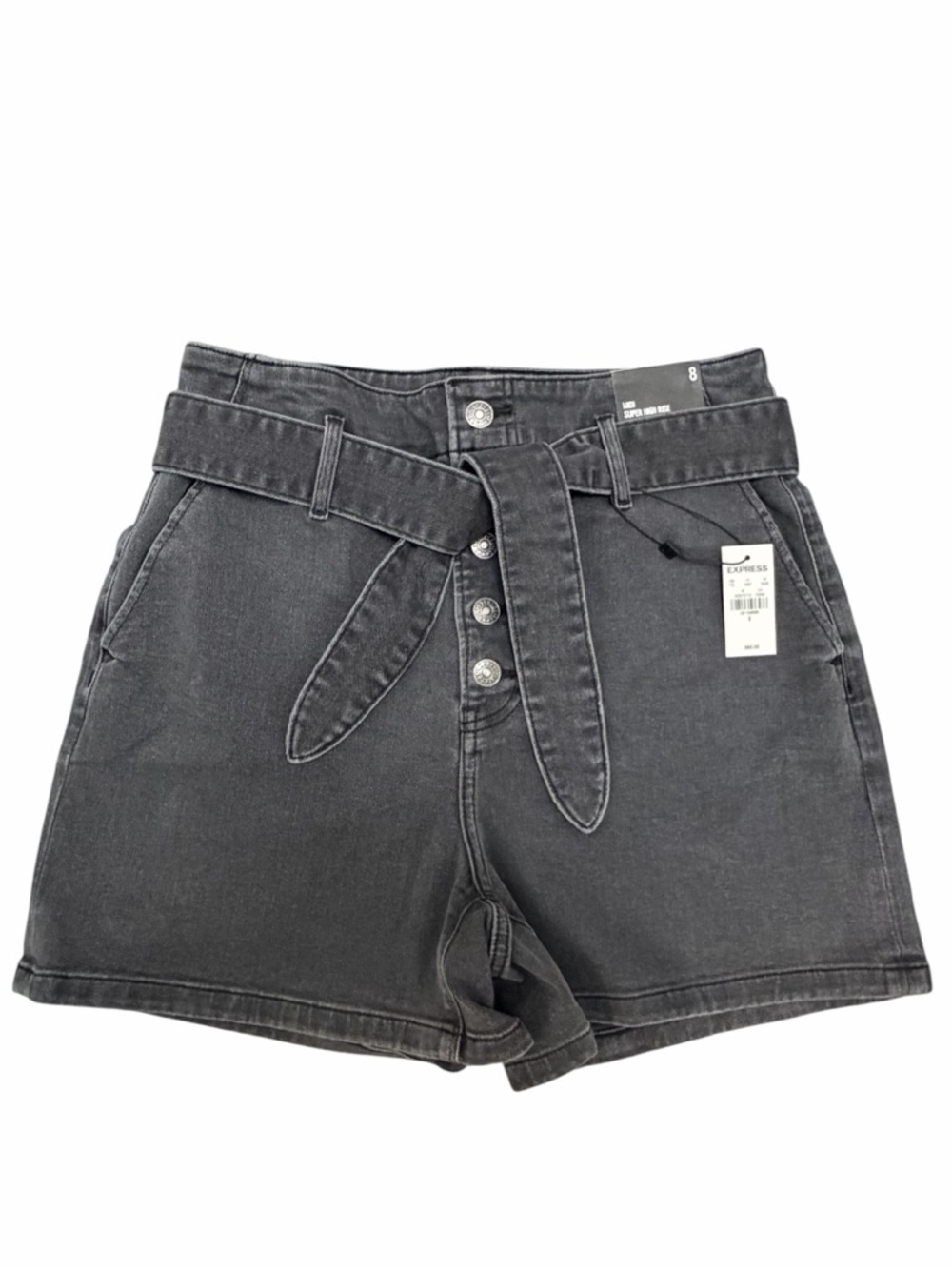 Express Midi High-Waist Black Denim Shorts with Tie Belt